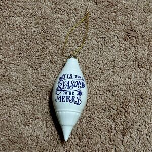 White Holiday Ornament with Blue Text K
